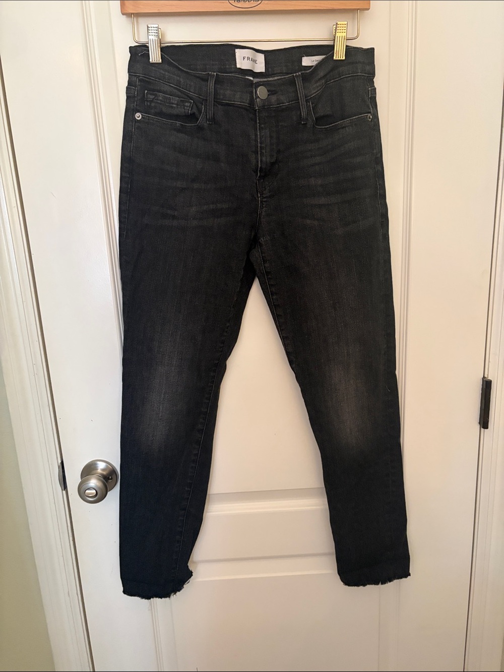 Frame Denim  Le Garcon frayed hem Black Skinny Jeans with Subtle Fade